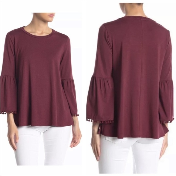 Johnny Was | Bell Sleeve Pom Pom Trim Top Wine XS - Picture 3 of 9